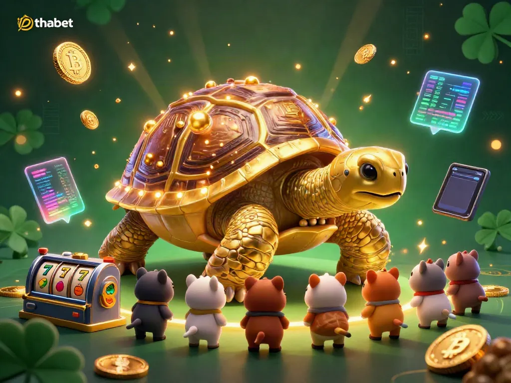 Engage with thabet's vibrant casino atmosphere, featuring a golden tortoise pinball machine surrounded by blockchain elements.