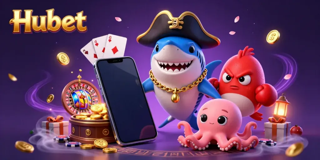 Experience the excitement of Hubet with this vibrant 3D illustration of shark and friends amidst gaming elements.