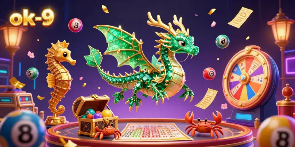 Engage in a thrilling lottery adventure with ok-9's vibrant 3D casino scene featuring dynamic lottery characters.