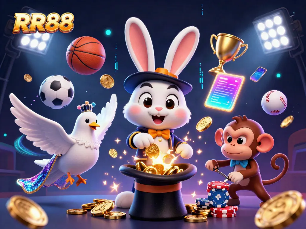 Join the fun at RR88 with a lively scene of a magician rabbit and cheerful characters amidst a vibrant casino-themed environment.