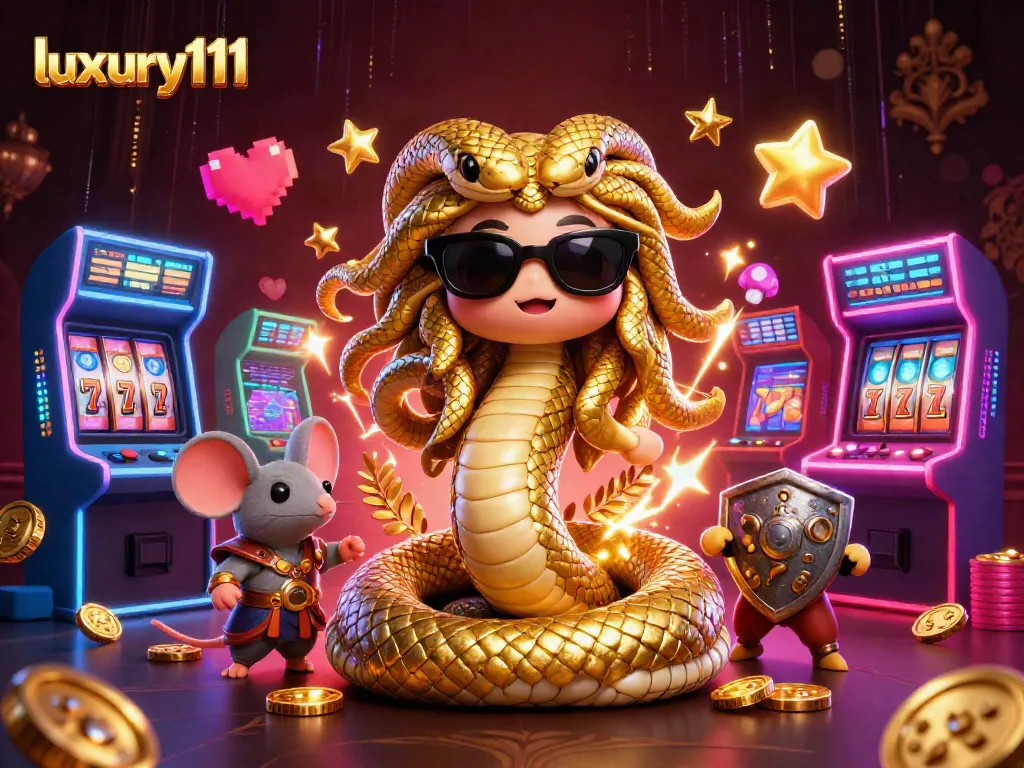 Experience thrilling gameplay with luxury111 in this vibrant casino scene featuring Medusa and game elements.