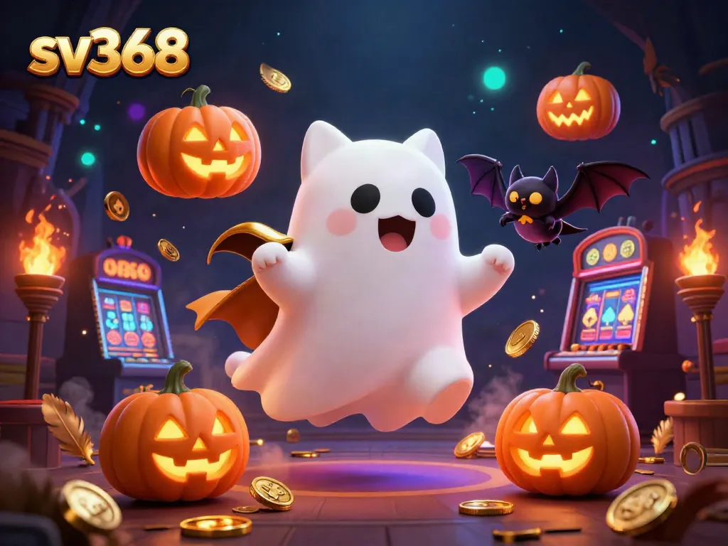 Experience thrilling gaming at sv368 with a ghost cat and bat amidst casino excitement.