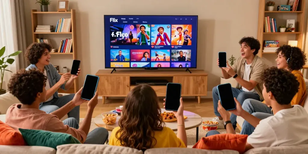CocoFlix free movies viewing party with friends in a cozy living room.