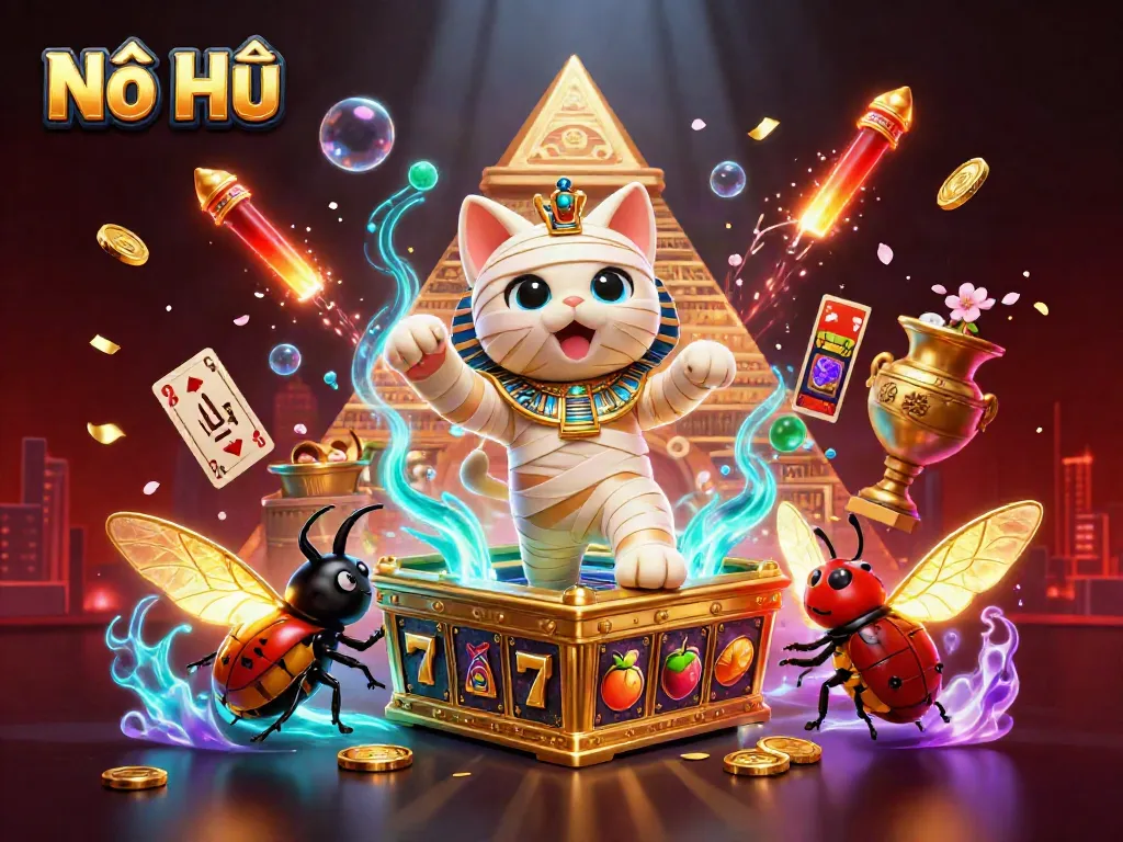 Nổ Hũ - 3D mummy cat burst from a gold sarcophagus amid thrilling casino elements.