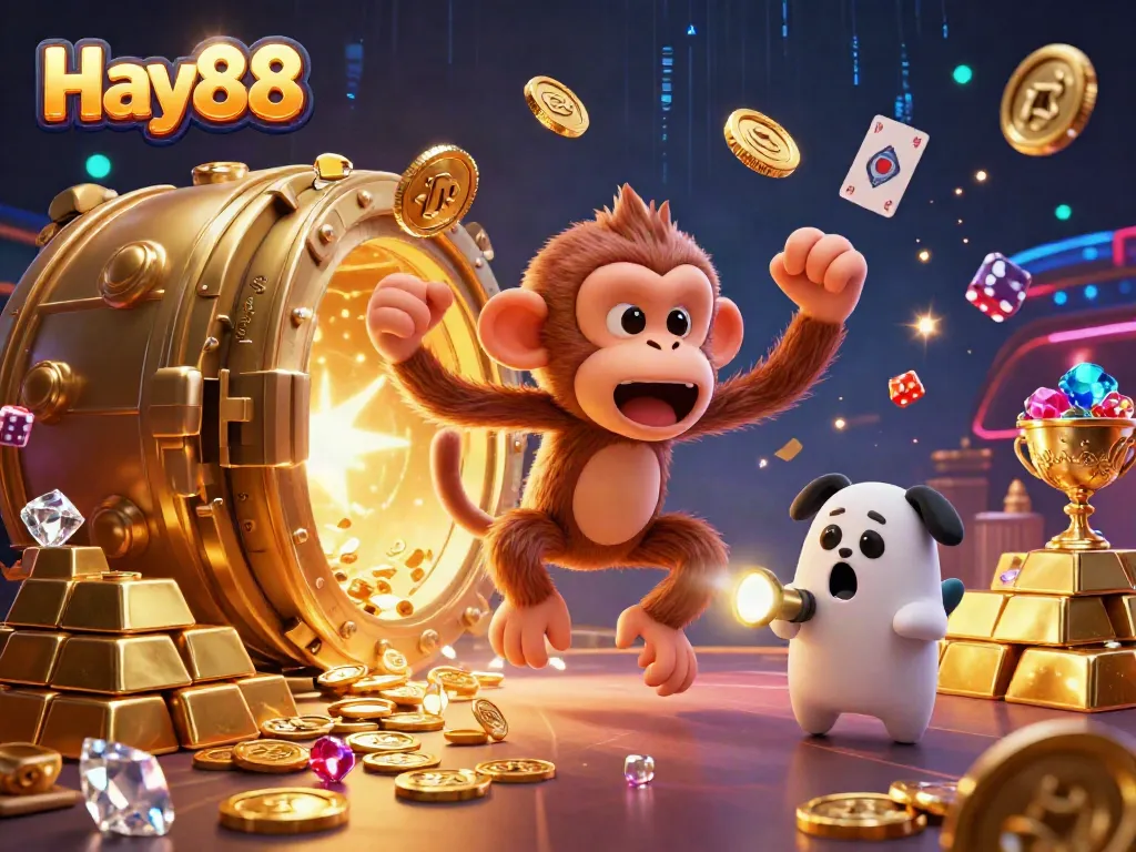 Experience the vibrant casino scene of Hay88 with a mischievous monkey juggling coins and a curious puppy tracking it.