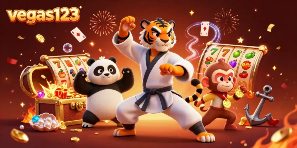Ilustrasi 3D vegas123 menampilkan kucing kung fu dan panda di kasino dengan tema slot.