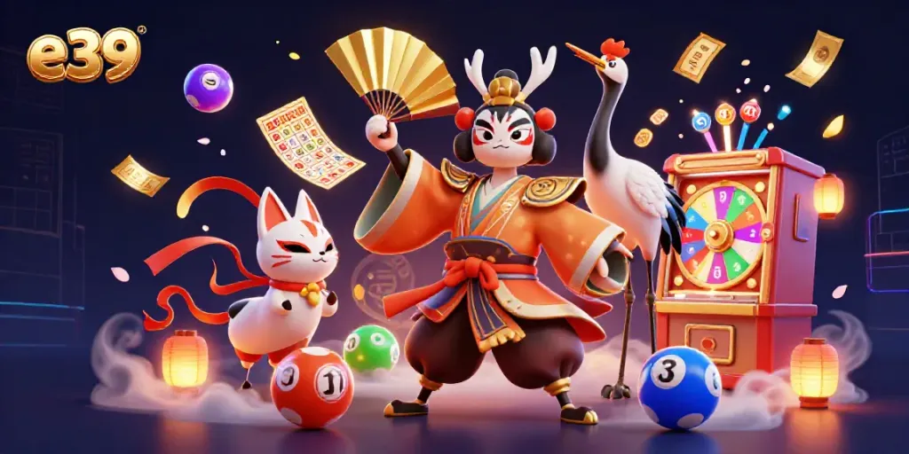 Engage with e39 through an immersive casino scene featuring animated kabuki characters and dynamic lottery elements.