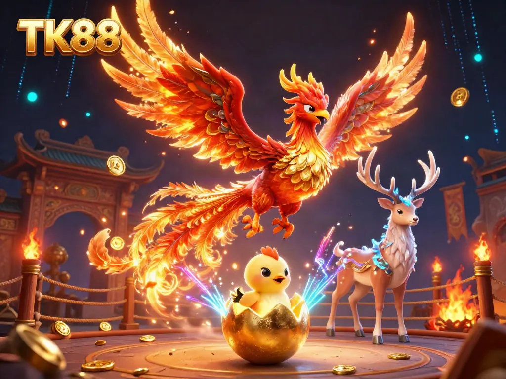 Experience the captivating world of TK88 with a vibrant phoenix and games of chance.