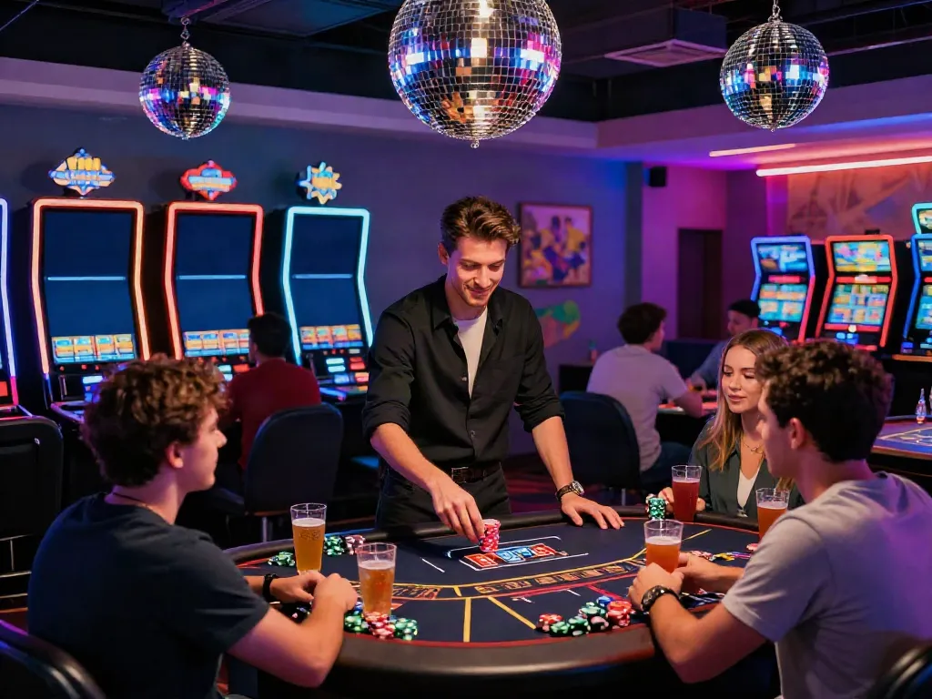 Experience the excitement of DiscoWin casino with vibrant gaming scenes, colorful decor, and engaging players.