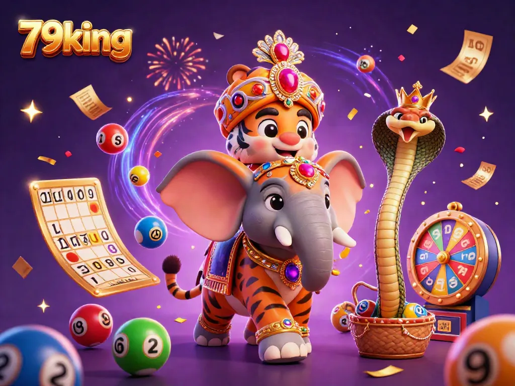 Experience thrilling wins with 79king in a vibrant 3D casino illustration featuring colorful lottery elements.