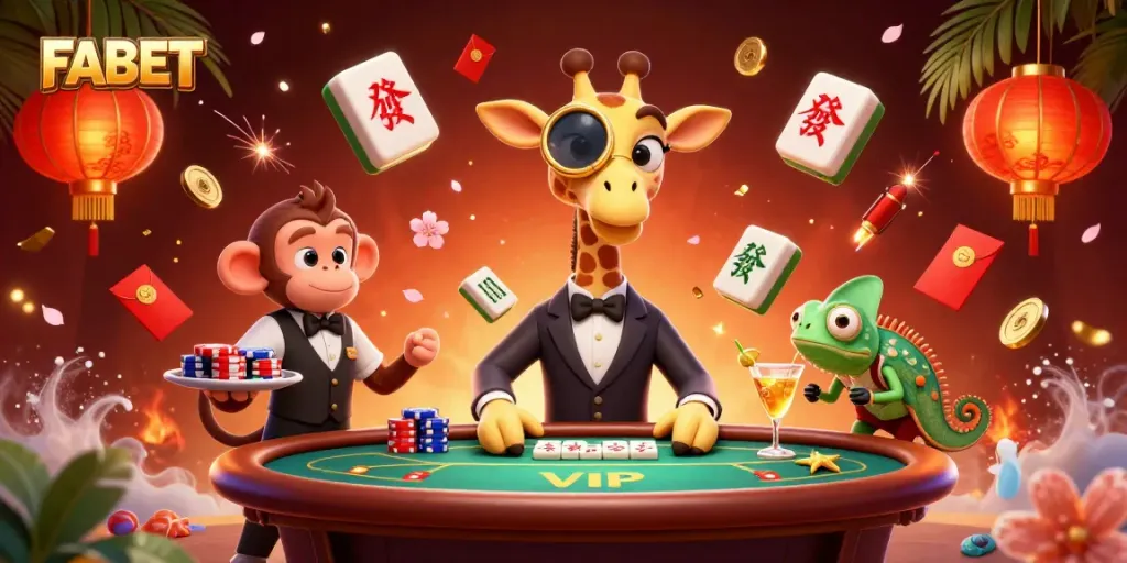 Join the excitement at FABET with a high-roller giraffe and fun gaming elements in this vibrant scene.