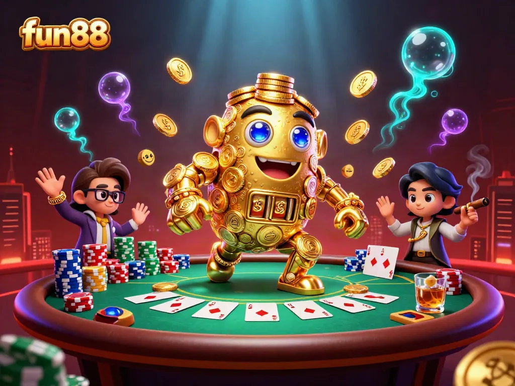 Engage with fun88 casino action featuring a golden golem, poker elements, and vibrant atmosphere.