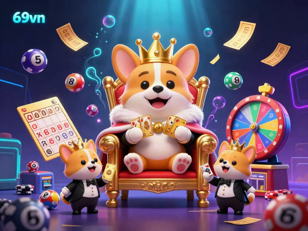 Engaging 3D rendering showcasing 69vn's royal corgi character amidst casino elements like poker chips, lottery balls, and vibrant game visuals.