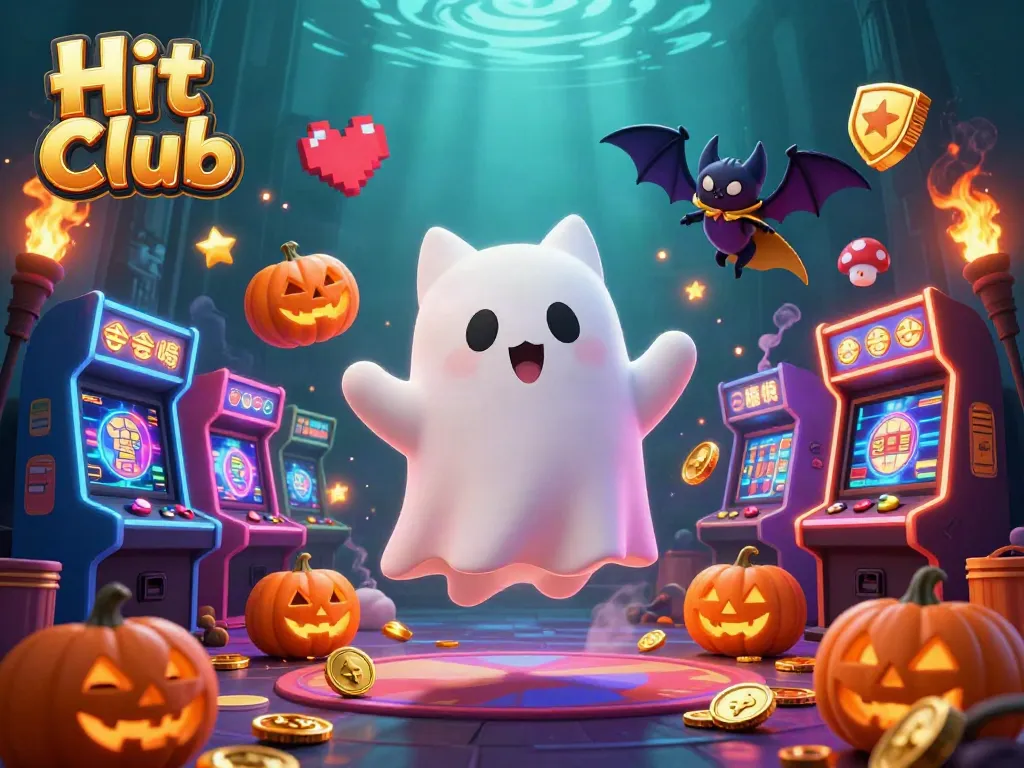 Experience the thrill of the Hit Club with a ghostly cat and vibrant casino elements.