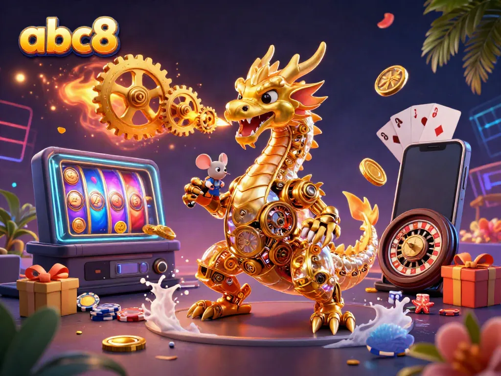 Experience the thrill of abc8 with a vibrant scene featuring a golden dragon and slot games.