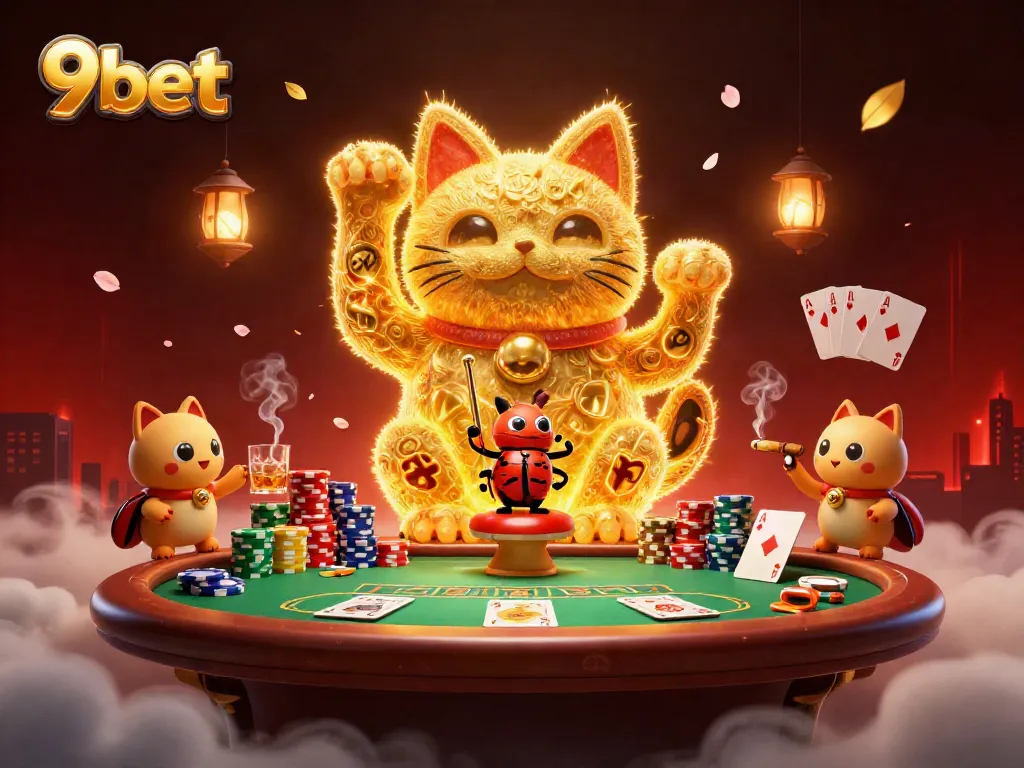 Experience winning moments with 9bet's vibrant casino game scene highlighting a lucky cat and poker elements.