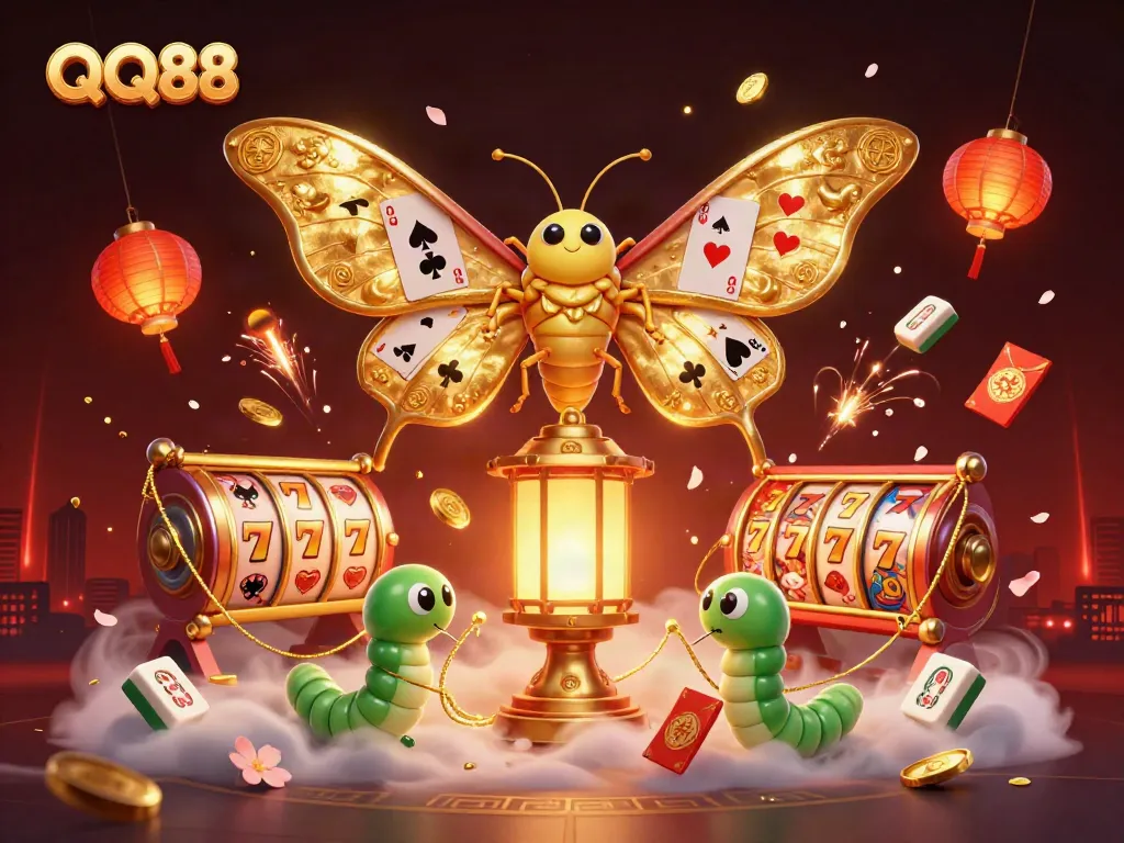 Experience thrilling QQ88 slots with vibrant golden moth and casino elements in stunning detail.