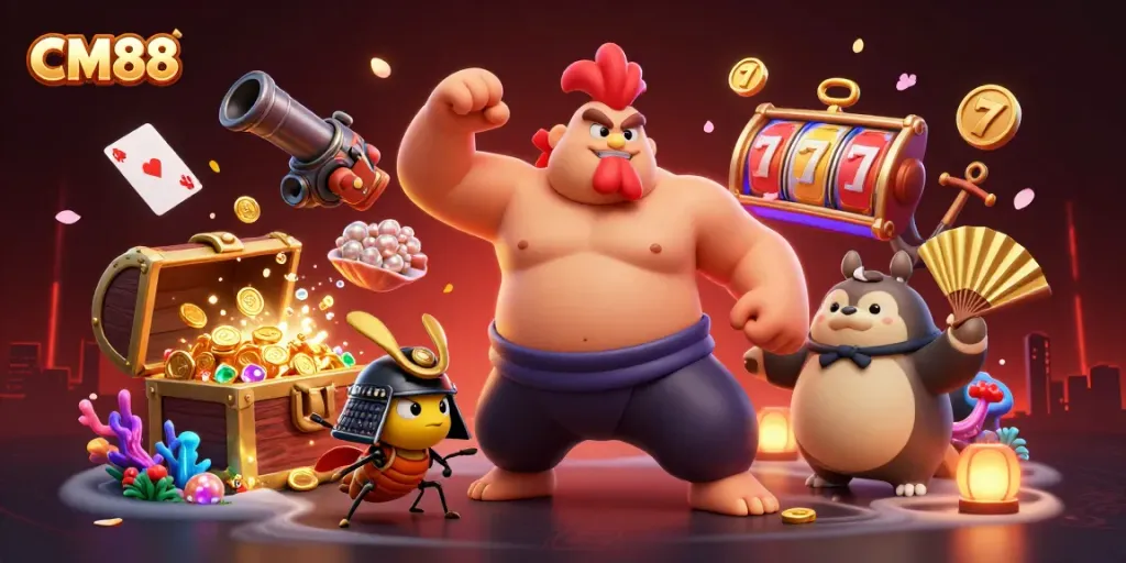 Join the excitement of CM88 with a lively scene of gaming characters, rich treasures, and vibrant casino elements.