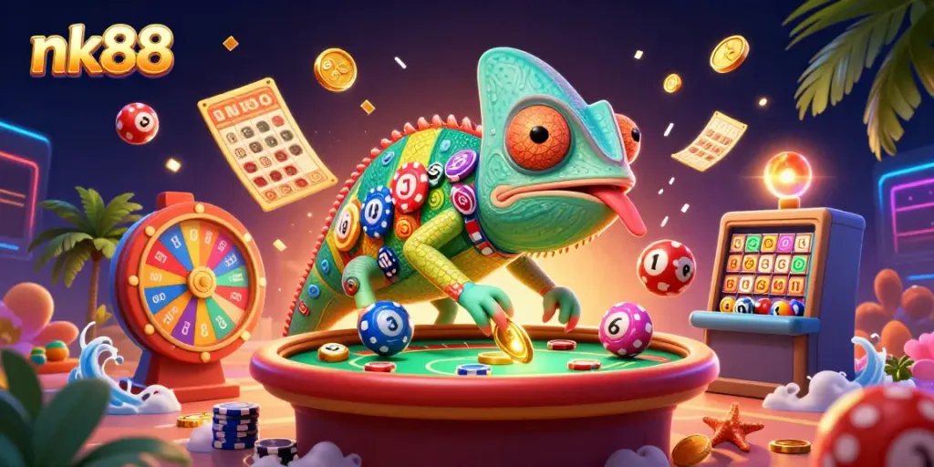 Engage with thrilling nk88 casino elements featuring a chameleon owner amidst vibrant games.