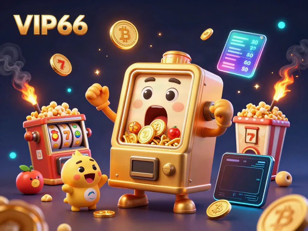 Experience VIP66's exciting jackpot with a lively 3D cartoon slot machine celebrating its win amidst animated coins and vibrant game elements.