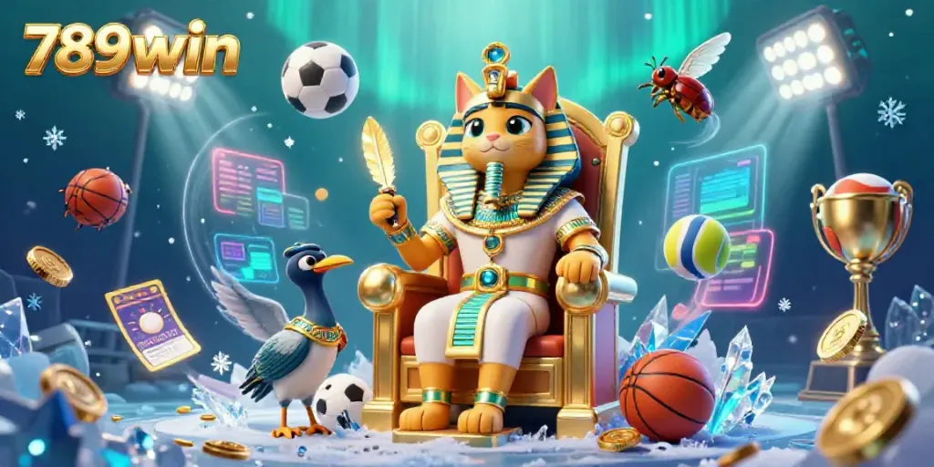 Engage in thrilling games at 789win with a vibrant casino atmosphere featuring a pharaoh cat and sports elements.