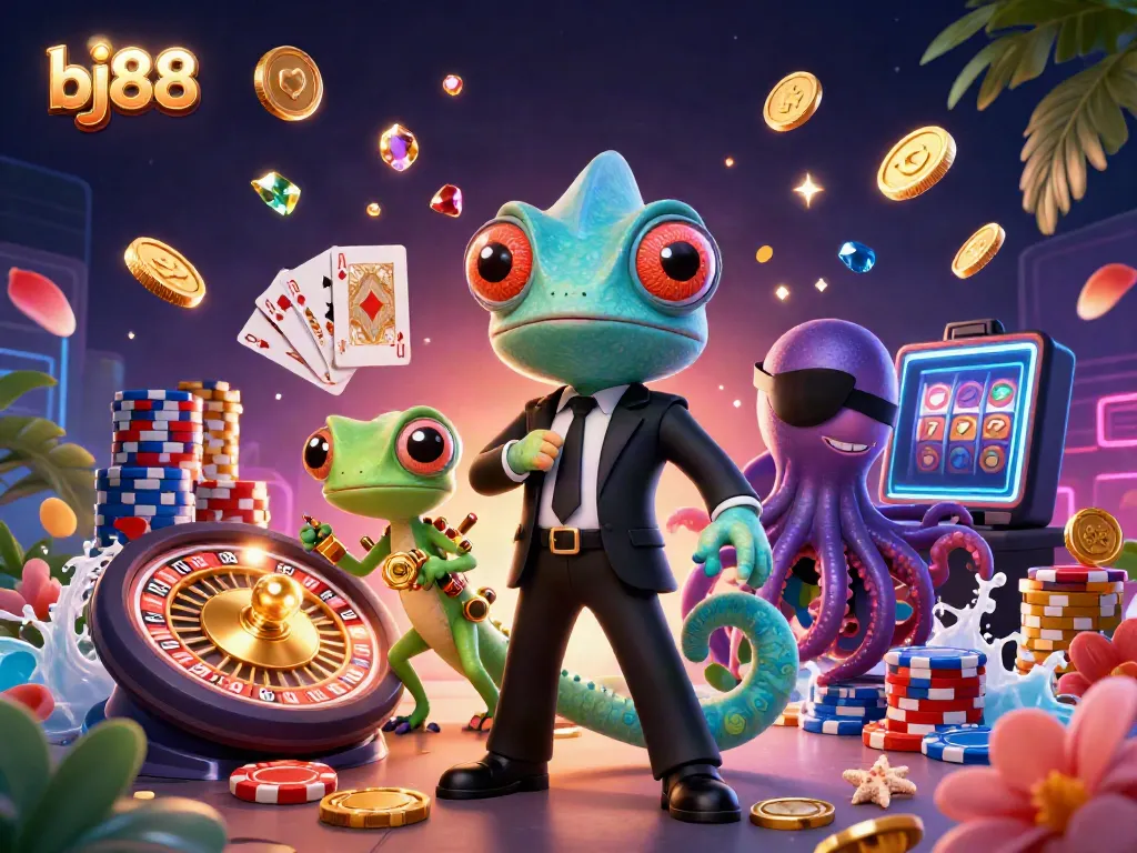 Engage with bj88's dynamic casino experience featuring vibrant 3D characters in a rich gaming scene.