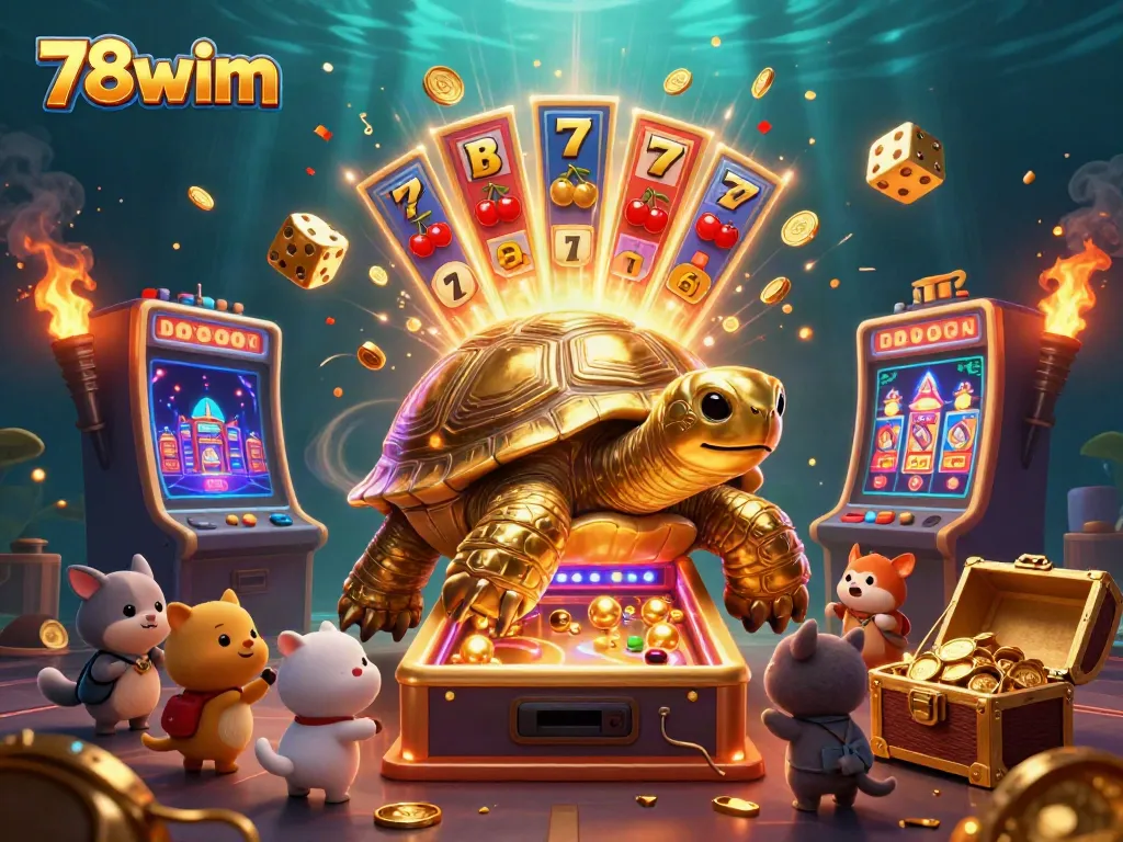 Experience exciting gameplay with 78wim's colorful casino scene featuring a golden tortoise and vibrant elements.