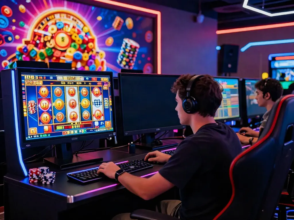 Player enjoying i24Slots Casino online with colorful slot game setup and virtual chips.