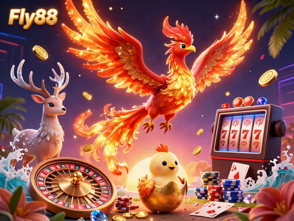 Fly88 captivates with a dynamic casino illustration showcasing a fire phoenix, golden coins, and exciting game elements.