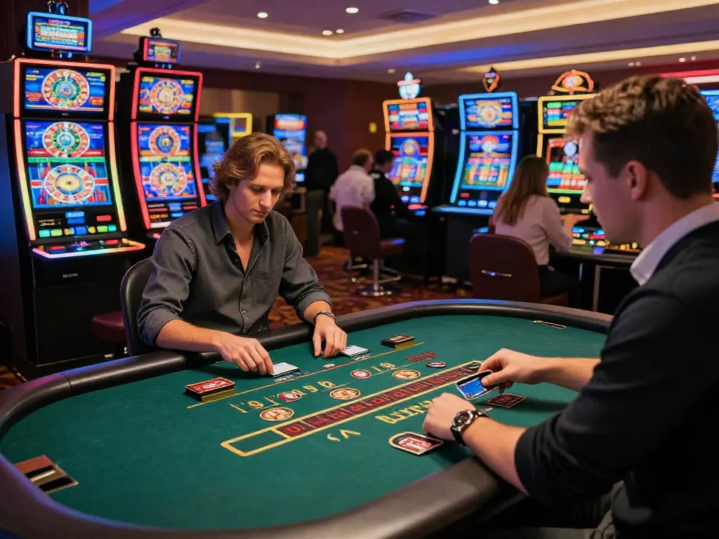 Exciting gaming scene at visa & mastercard casinos in the UK, showcasing players and vibrant slot machines.