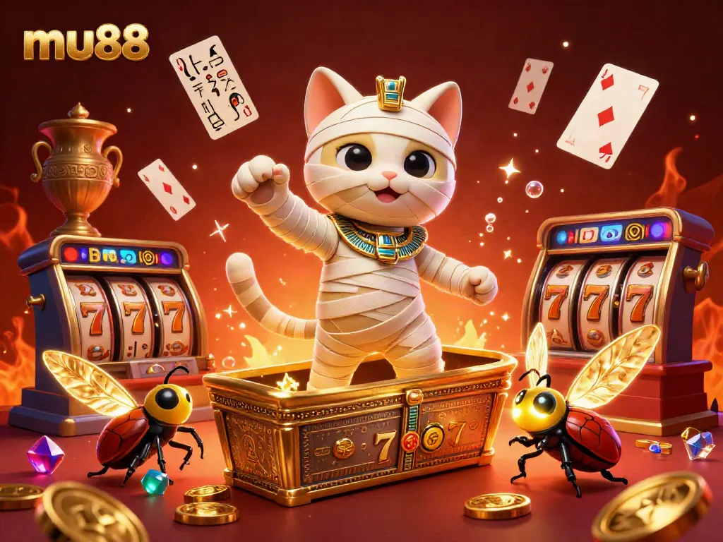 Experience thrilling slot action with mu88's Egyptian mummy cat in a vibrant casino setting
