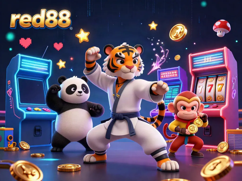 Exciting illustration of red88 with a kung fu tiger master, panda disciple, and monkey student in a dynamic casino scene.