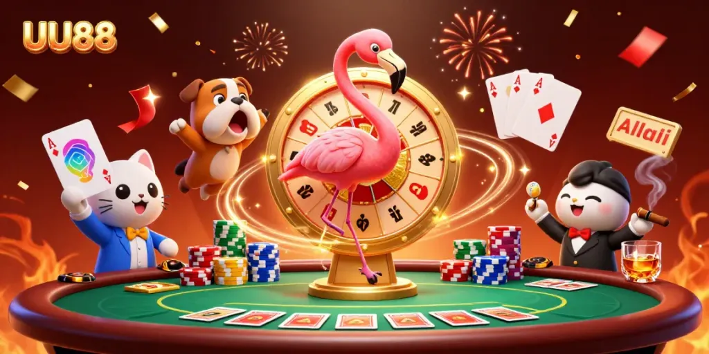 Experience the excitement at UU88 with vibrant casino characters celebrating and gaming together.
