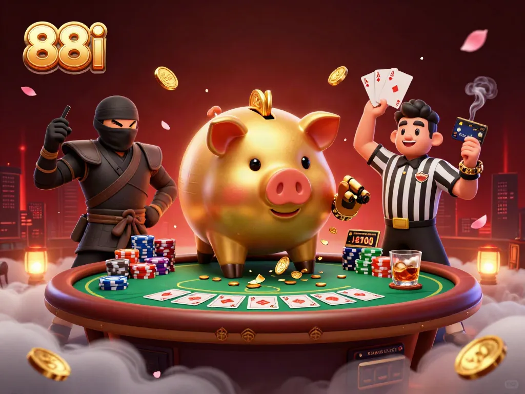 Engaging 3D illustration of the golden piggy bank sumo wrestler and opponents representing 88i Casino's thrilling gambling action.