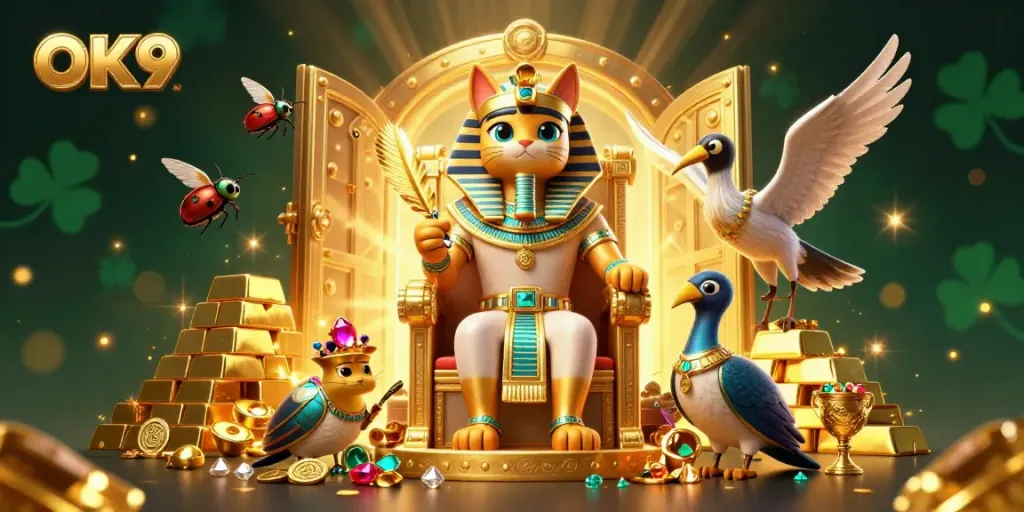 Experience thrilling jackpots with OK9's cartoon pharaoh cat among treasures in a vibrant casino scene.