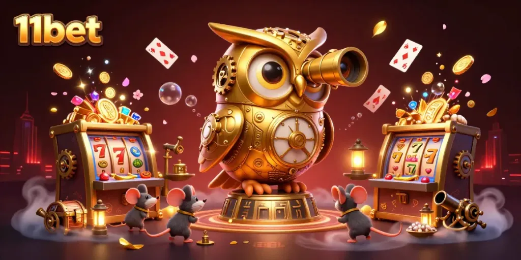 Experience thrilling gameplay at 11bet with a whimsical golden owl, vibrant slot machines, and colorful gems.