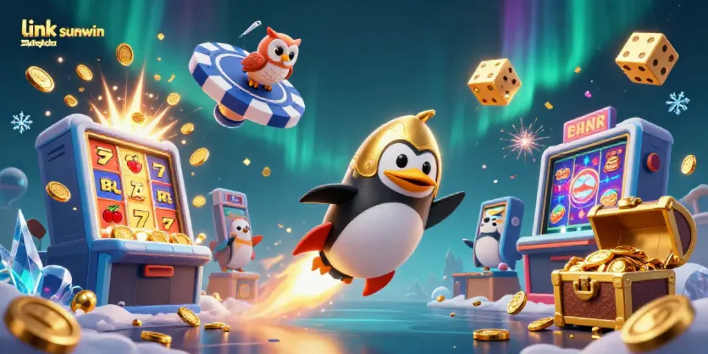 Play with the link sunwin featuring an exciting 3D penguin in a vibrant casino space scene.