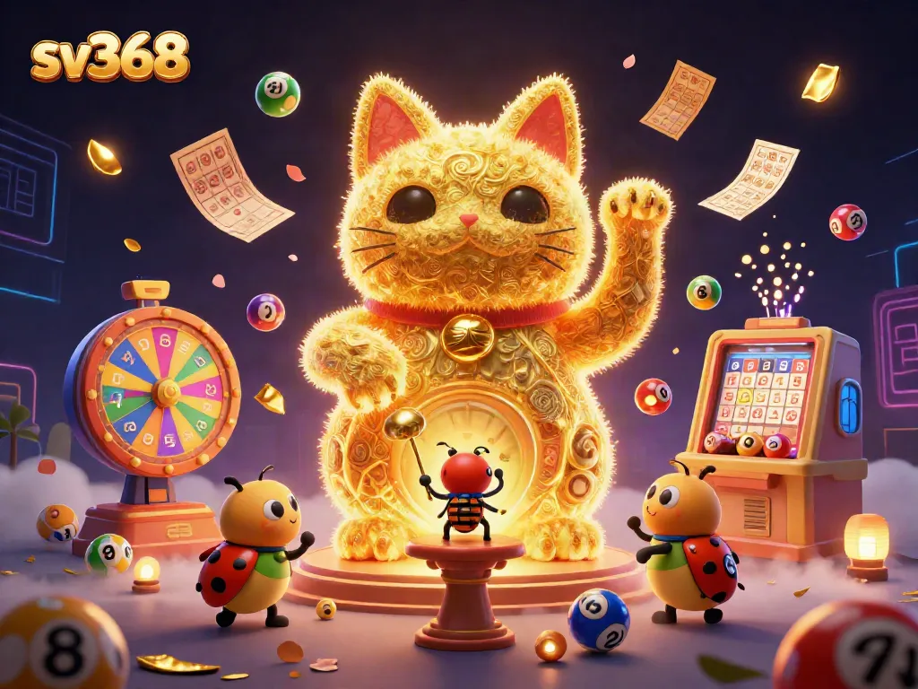 Experience the thrilling world of sv368 as the lucky cat waves amidst vibrant casino elements.