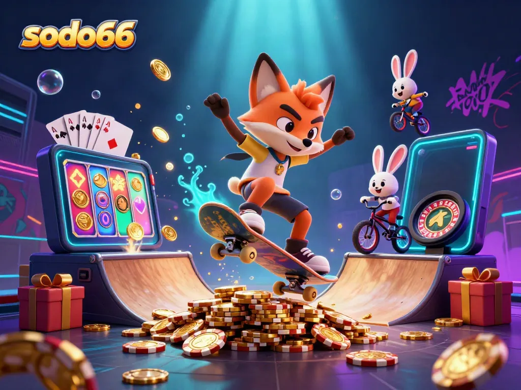 Join the fun at sodo66 with a 3D fox and rabbit enjoying casino-themed games and graffiti!