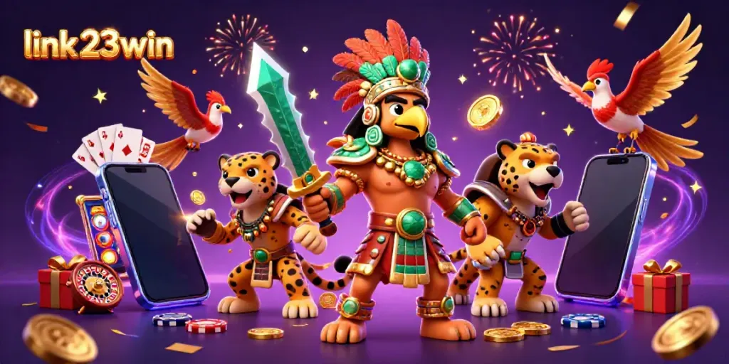 Experience thrilling gaming with link 23win featuring a 3D Aztec warrior and exciting casino elements.