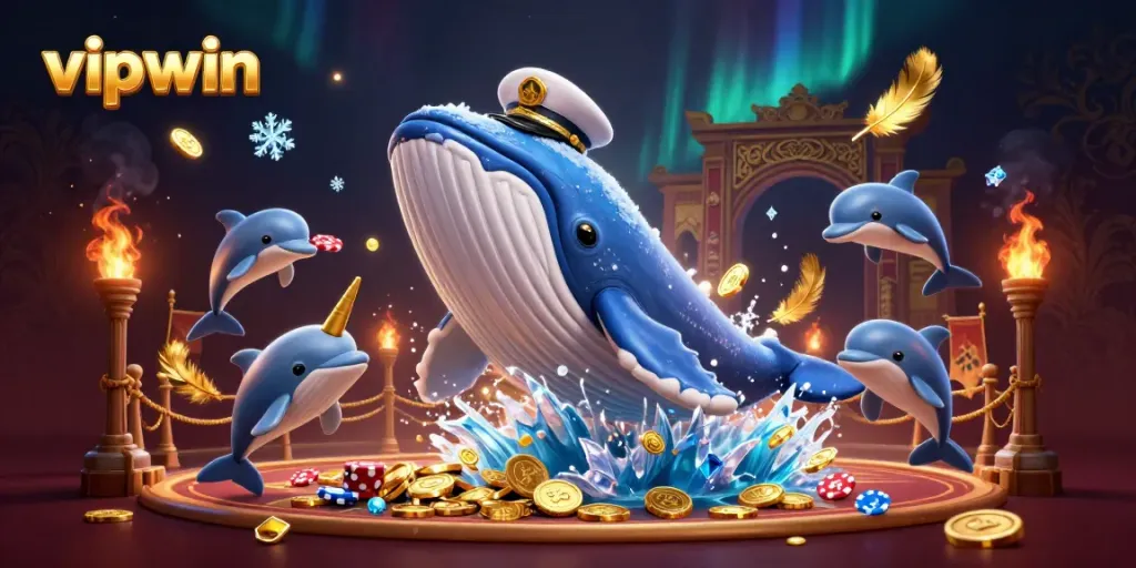 Experience excitement at vipwin with a vibrant 3D illustration of a whale, narwhal, and dolphins amidst dynamic gaming elements.