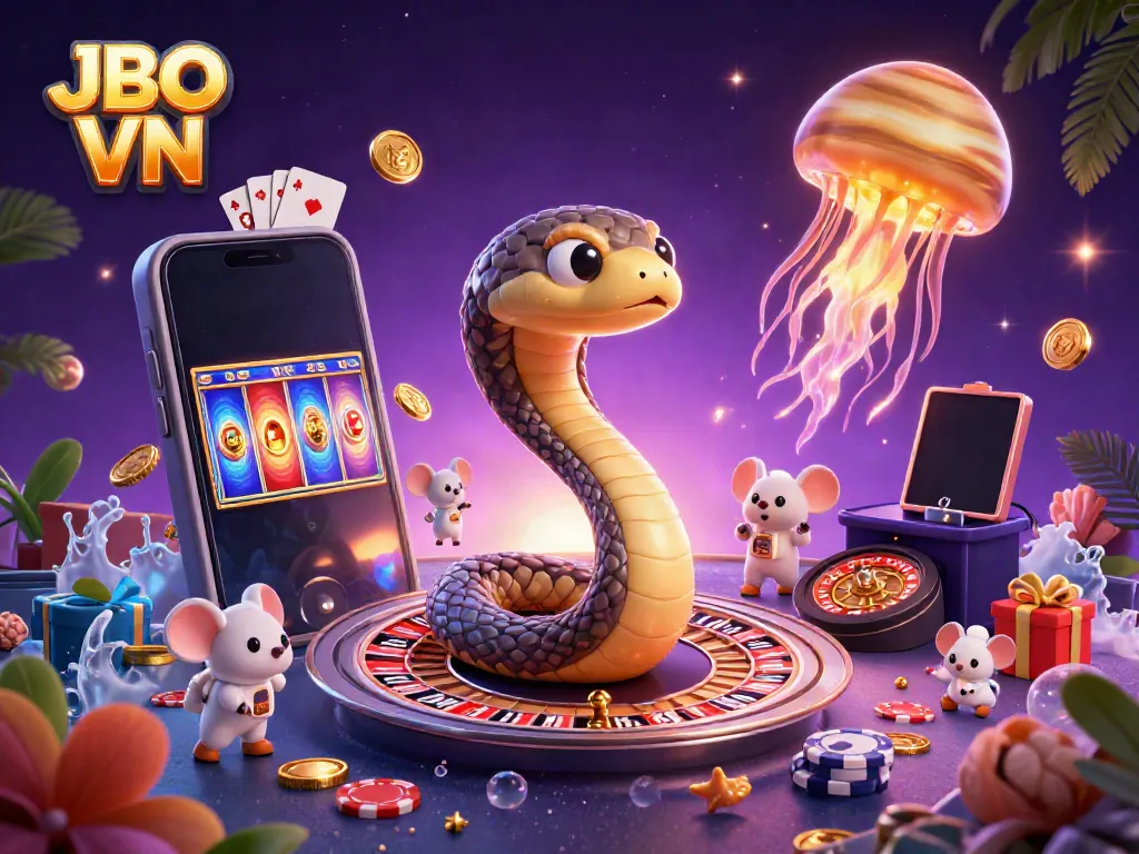 Experience thrilling bets on JBO VN with a 3D Saturn snake roulette wheel and cosmic dealer amidst vibrant casino elements.