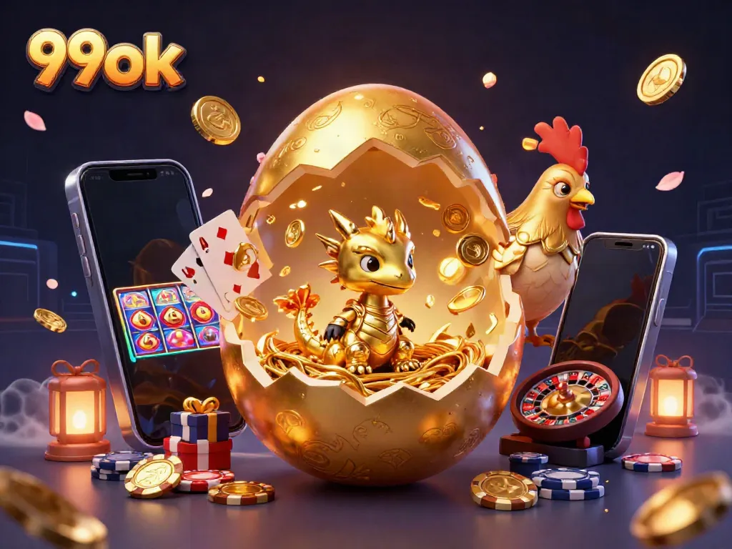 Experience thrilling gameplay at 99ok with a golden dragon and poker chips in a vibrant casino scene.