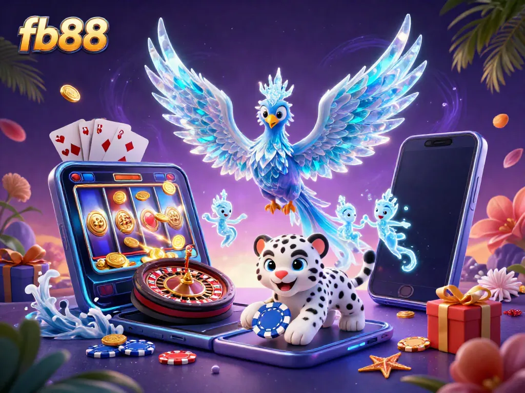 Experience the thrill with fb88's lively gaming scene featuring a captivating ice phoenix, slot games, and vibrant action.