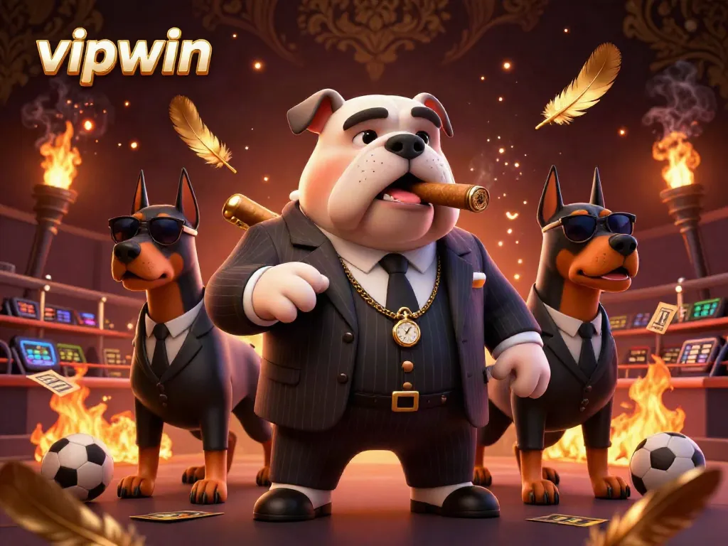 Engage with vipwin, experiencing an exhilarating sports betting scene with a mafia boss bulldog and guards.