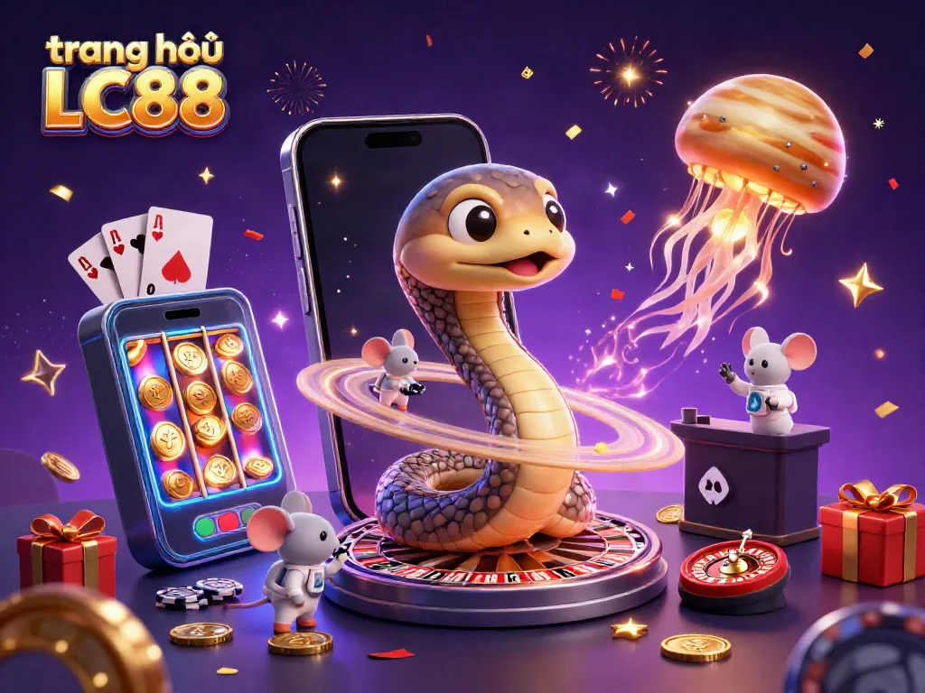 Experience the thrill of gaming at trang chủ LC88 with cosmic characters placing bets and colorful casino elements.