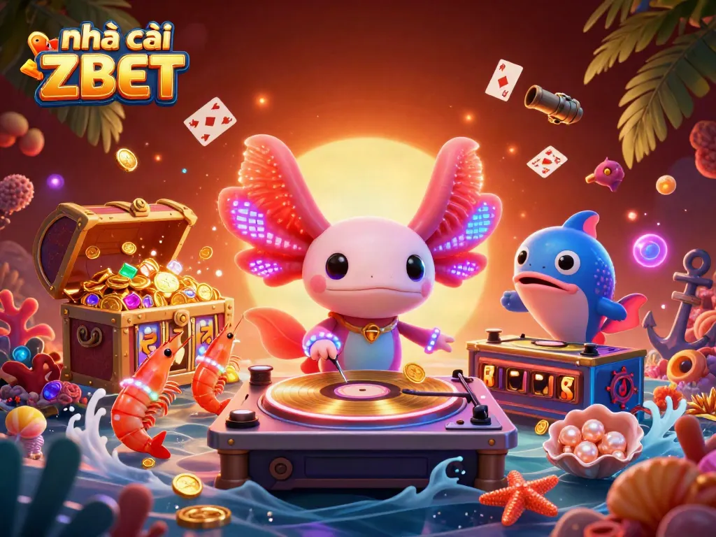 Experience vibrant gaming with nhà cái ZBET's colorful axolotl DJ and treasure-filled underwater scene.