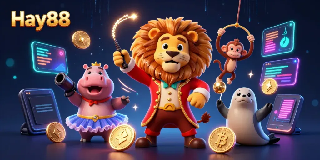 Experience the thrill of Hay88, where a cheerful lion ringmaster leads a festive scene of gambling adventures.