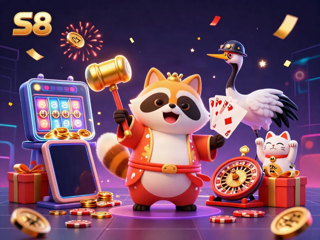 Experience big wins with S8 in this vibrant illustration of a tanuki celebrating with casino symbols.