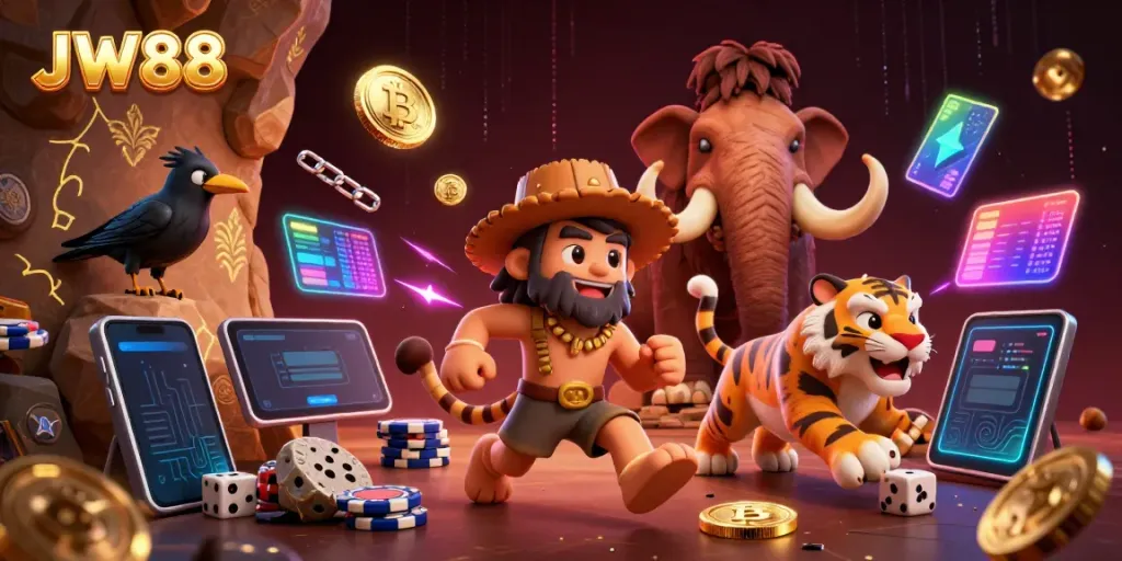 Engage in thrilling gameplay at JW88's animated casino featuring crypto elements and dynamic characters.